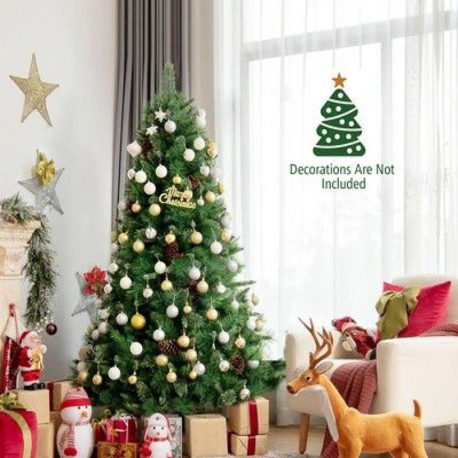 Pine * | Costway 6Ft 7Ft8Ft Unlit Hinged Pvc Artificial Christmas Pine Tree With Red Berries