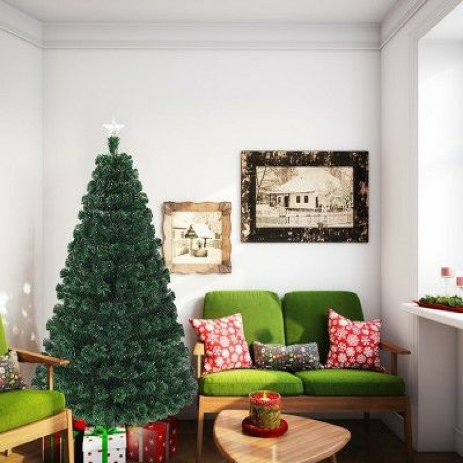 Pine * | Costway 5'/6'/7'Pre-Lit Fiber Optic Christmas Tree Multicolor Lights