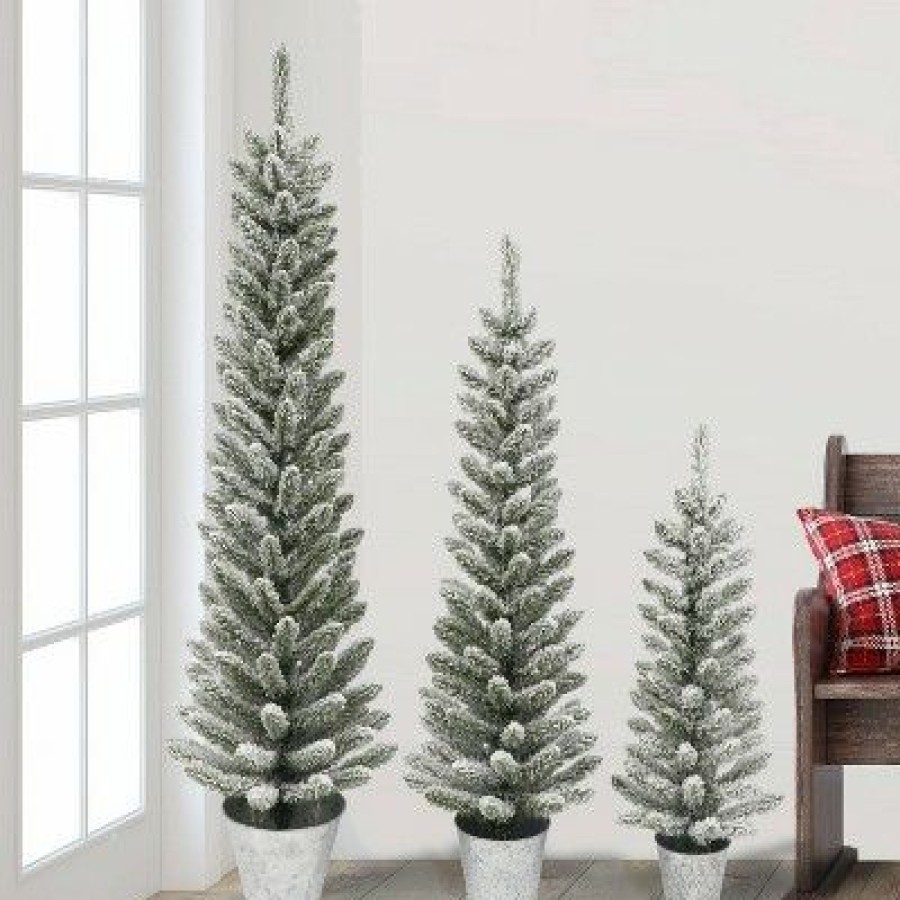 Unidentified Plant Variety * | Puleo 3Pc Unlit Flocked Pencil Artificial Christmas Tree In Galvanized Pot