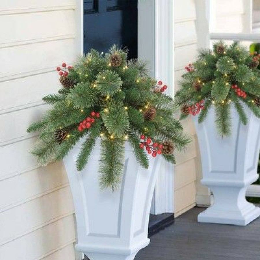 Fir Wood * | Puleo 18" Pre-Lit Led Cashmere Branch Artificial Urn Filler With Pinecones & Berries Warm White Lights