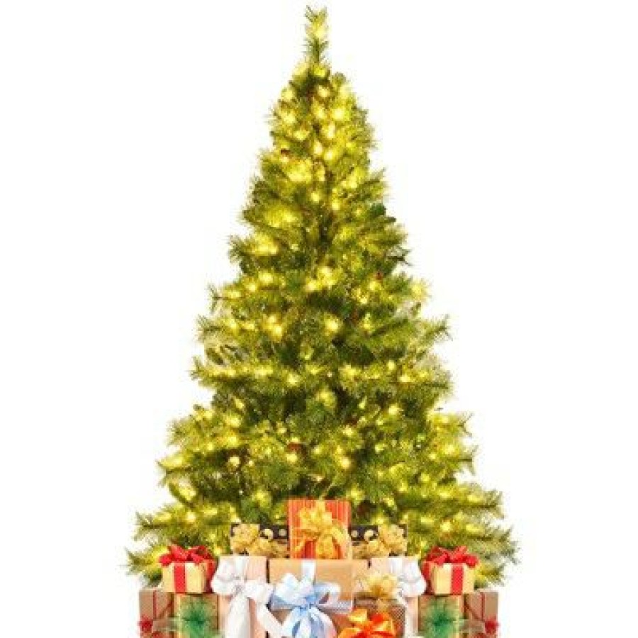 Pine * | Tangkula Realistic Christmas Hinged Tree W/ Led Lights 6Ft Pre-Lit Artificial Xmas Tree W/ Pvc Branch Tips