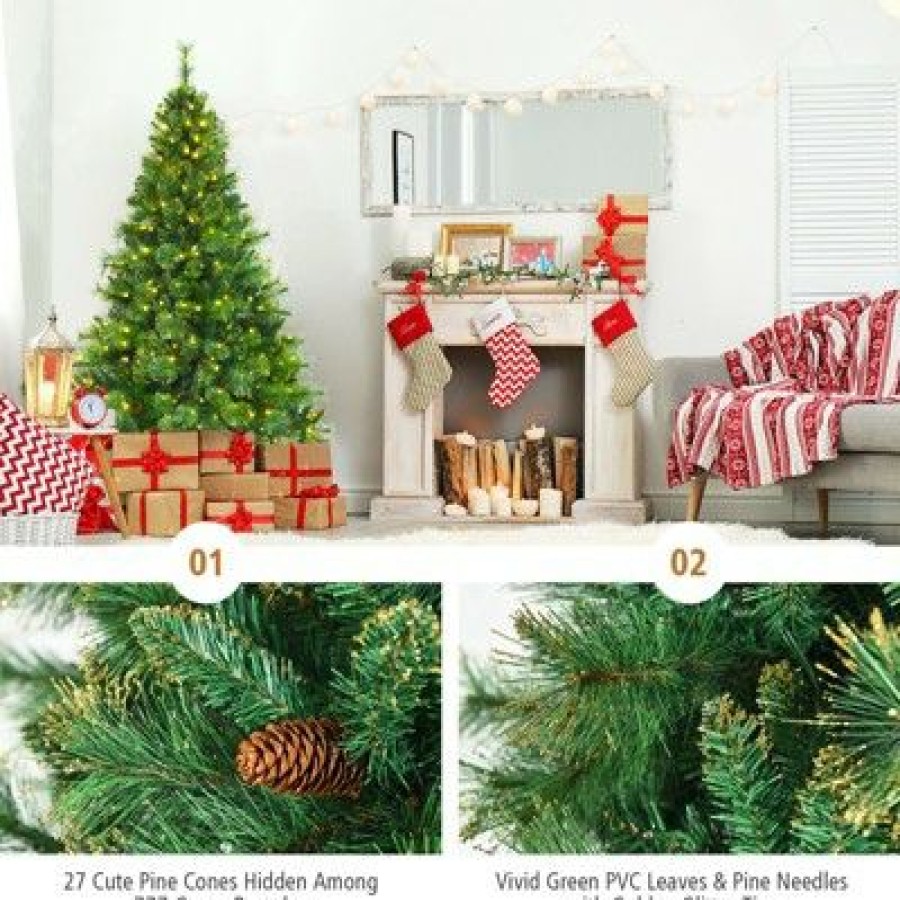 Pine * | Tangkula Realistic Christmas Hinged Tree W/ Led Lights 6Ft Pre-Lit Artificial Xmas Tree W/ Pvc Branch Tips