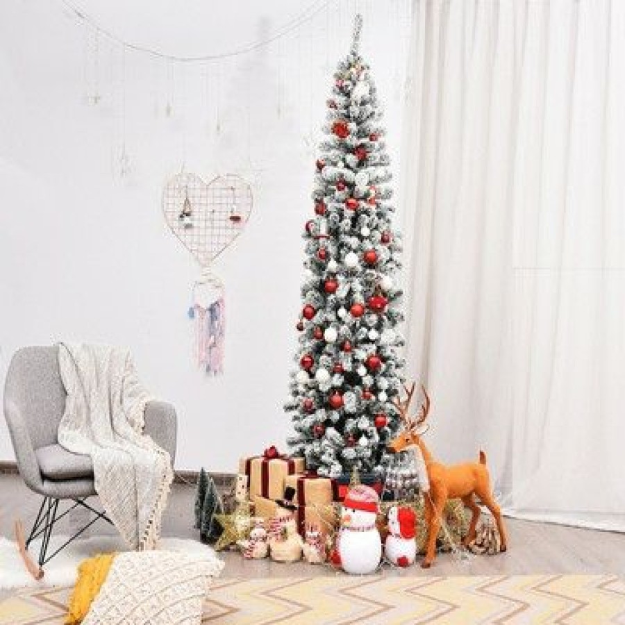 Pine * | Costway 7.5Ft Unlit Hinged Snow Flocked Artificial Pencil Christmas Tree W/ 641 Tips