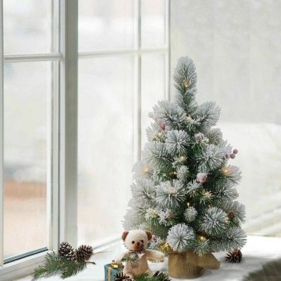 Spruce * | 2Ft Puleo Pre-Lit Flocked Tabletop Artificial Christmas Tree With Pine Cones Clear Lights